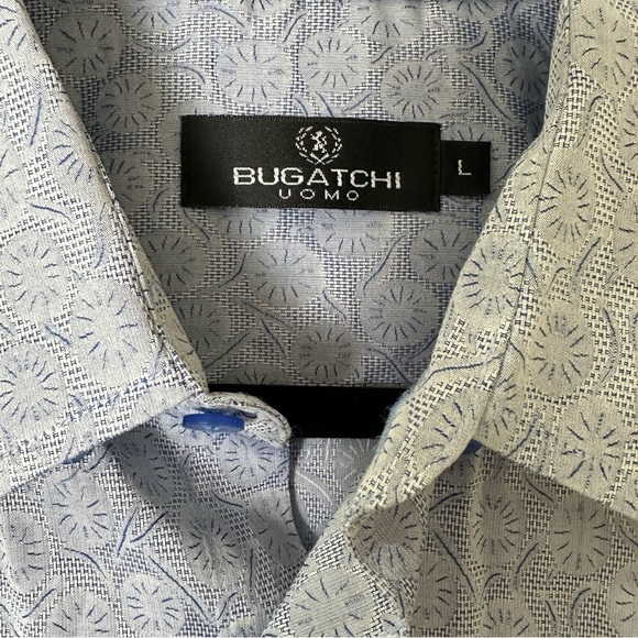 Bugatchi Uomo Men’s L Blue Print Cotton Long Sleeve Button Down Shirt - Picture 5 of 6